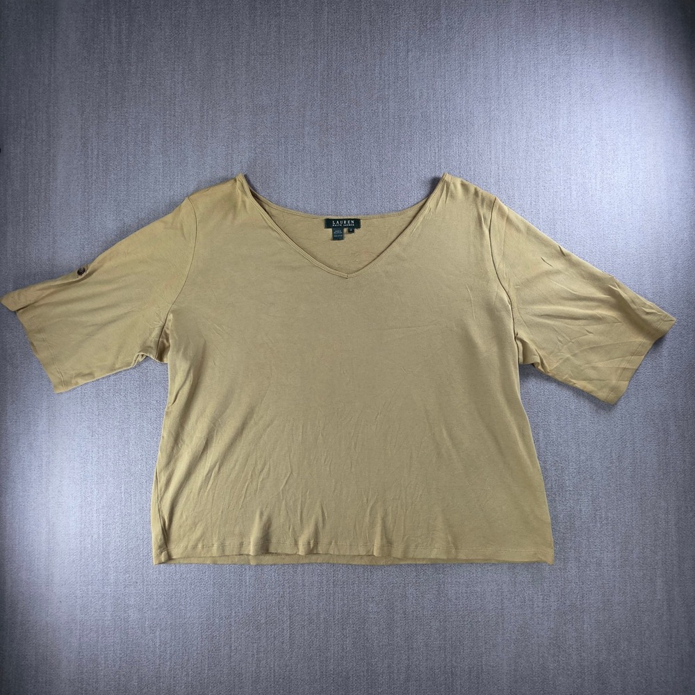 Lauren Ralph Lauren T-Shirt Women 3X Tan V-Neck Cotton Short Sleeve Button Tab
